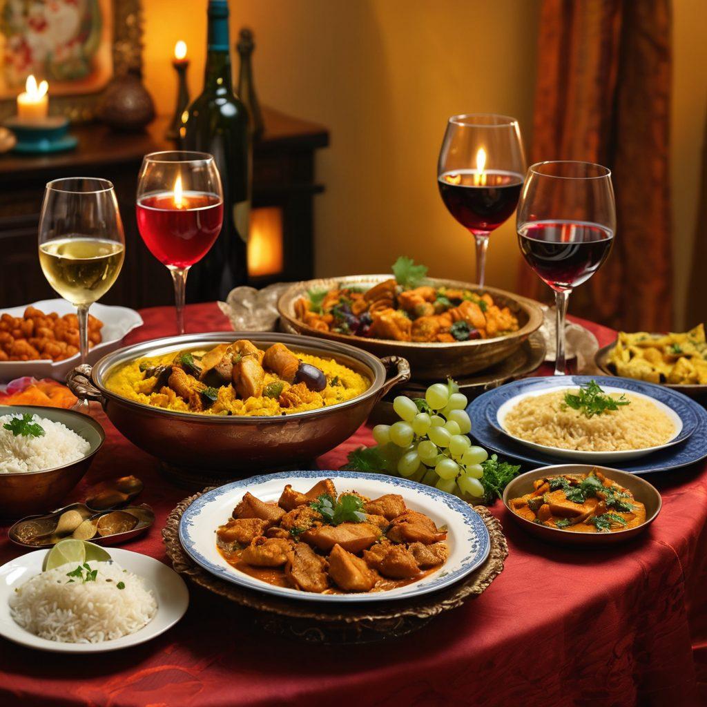 A beautifully arranged table showcasing a vibrant spread of Bengali cuisine paired with elegant wine glasses, featuring rich colors of curry, rice, and fish dishes. Include grapes artistically displayed around the wine glasses to highlight the theme. Soft lighting enhances the ambiance, creating a warm, inviting atmosphere that evokes joy and celebration. super-realistic. vibrant colors. warm lighting.