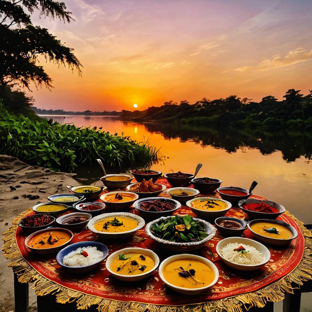 A beautifully arranged traditional Bengali table with colorful clay wine cups filled with red wine, surrounded by an array of Bengali delicacies like fish curry, pithas, and mustard greens, set against the backdrop of a vibrant sunset over a serene river. The atmosphere exudes warmth and celebration, showcasing intricate Bengali fabrics and decorative elements. super-realistic. vibrant colors. warm lighting.