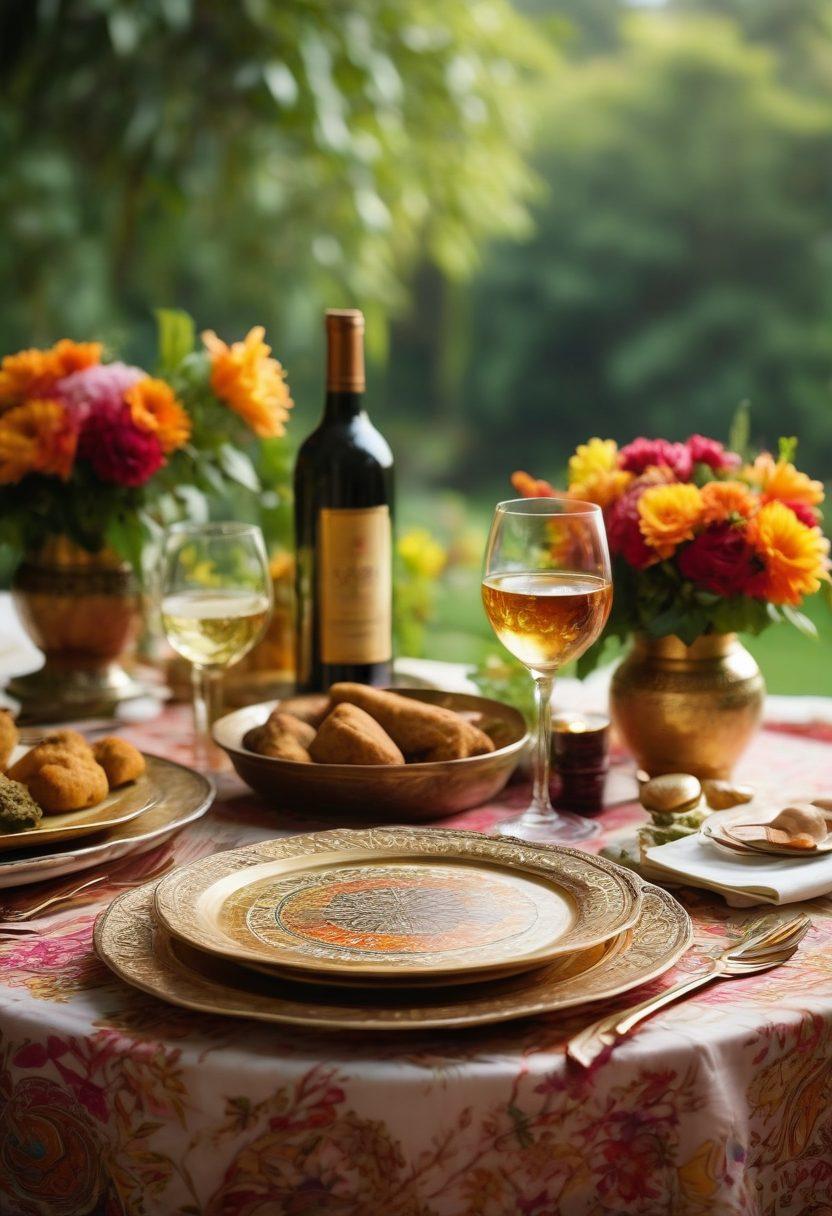 A beautifully arranged table featuring traditional Bengali dishes paired with elegant wine glasses, set against a backdrop of lush greenery and vibrant flowers. The scene captures a warm and inviting atmosphere, with soft golden light filtering through leaves. Include intricate Bengali patterns on the tablecloth and a bottle of wine with ornate labeling. The overall mood should evoke happiness and cultural richness. super-realistic. vibrant colors. soft-focus.